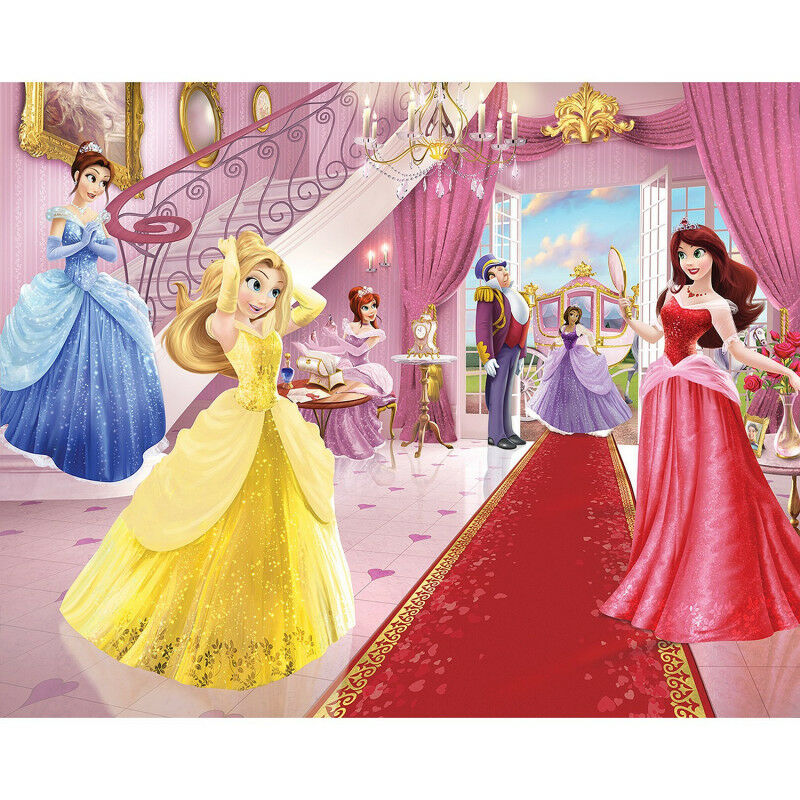 Colorful wall mural featuring fairy princesses in elegant gowns, set in a lavish room with pink walls, a grand staircase, and a red carpet, showcasing a magical, whimsical atmosphere.
