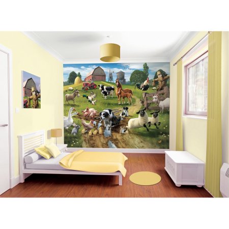 Colorful farmyard mural featuring various animals like cows, pigs, and chickens, set against a vibrant green landscape with barns, enhancing a child's room decor.