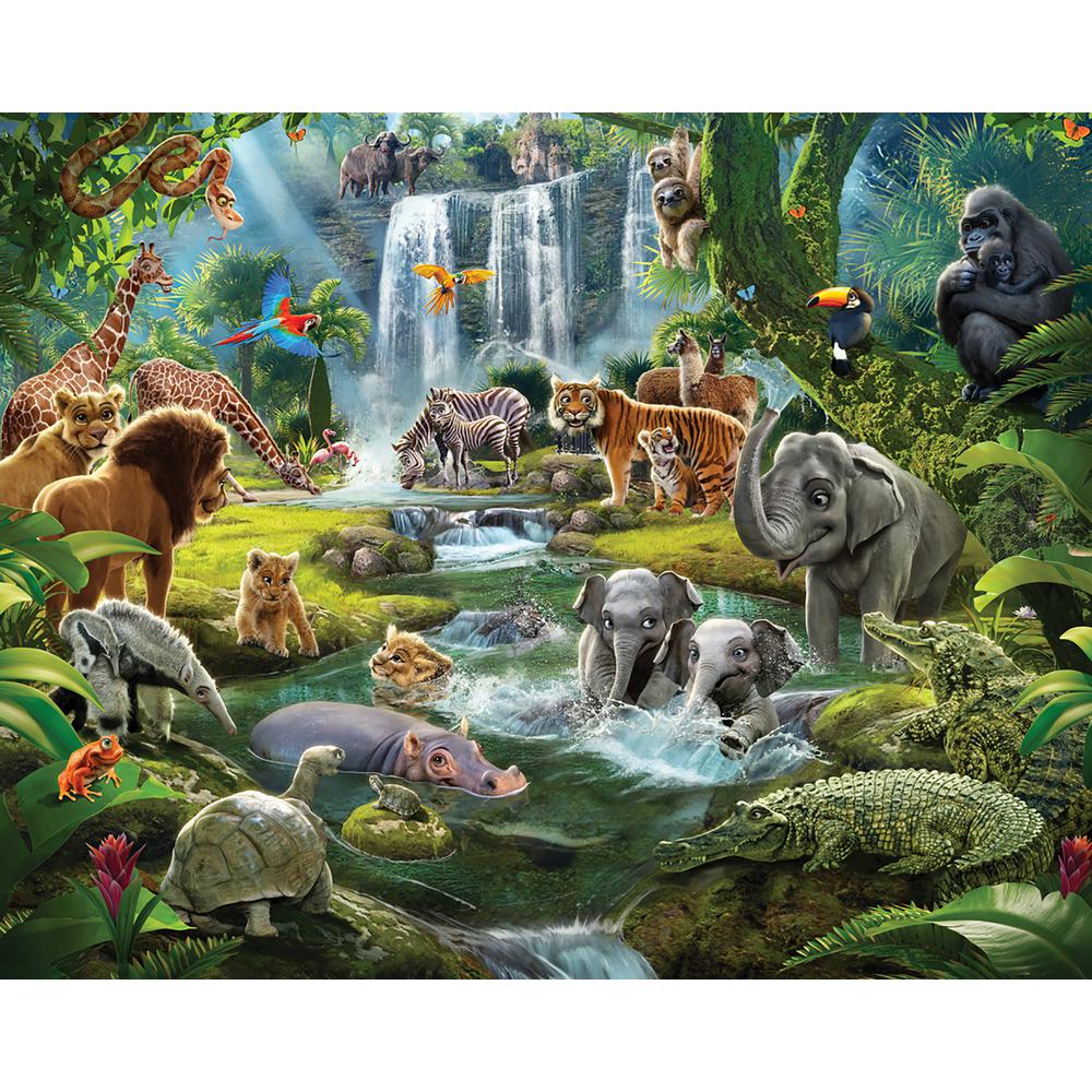 Vibrant jungle mural featuring various animals like lions, elephants, and zebras amidst lush greenery, waterfalls, and a colorful parrot, perfect for children's rooms.