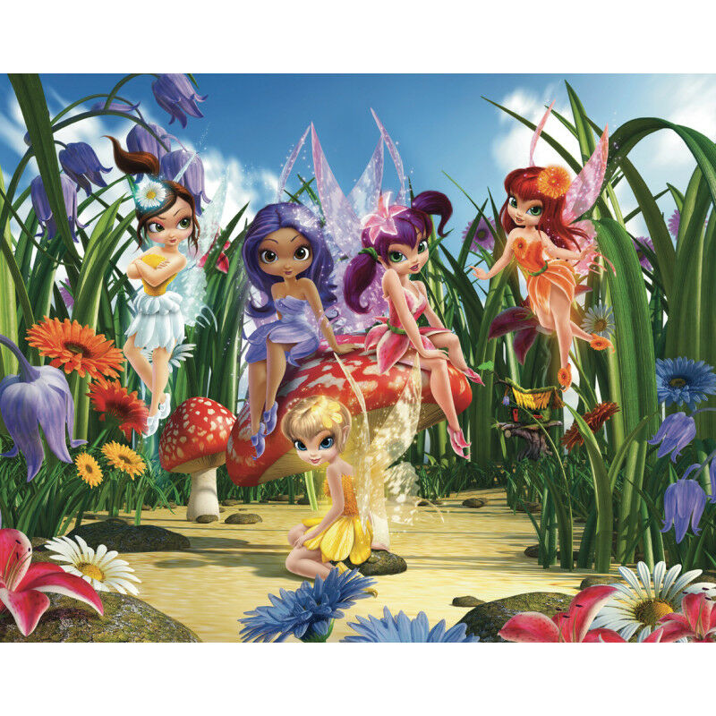Colorful wallpaper mural featuring five fairies in vibrant dresses, surrounded by flowers and greenery, with a large mushroom in the center, creating a magical, whimsical scene.