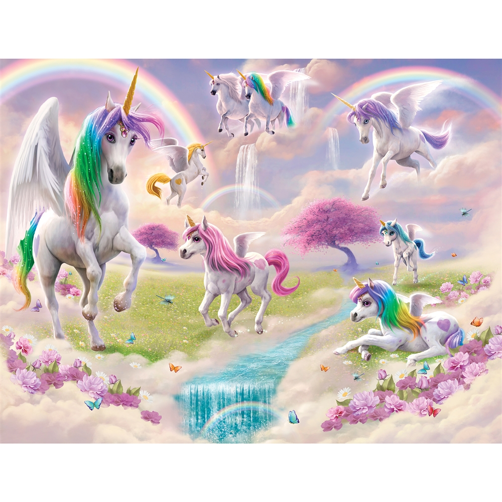 Colorful wall mural featuring magical unicorns in various poses, surrounded by rainbows, flowers, and a serene stream, creating a whimsical, enchanting atmosphere.