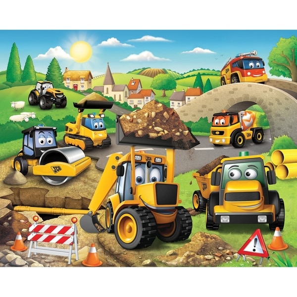 Brightly colored wall mural featuring cartoon construction vehicles, including diggers and dump trucks, set in a vibrant landscape with hills, houses, and a sunny sky.