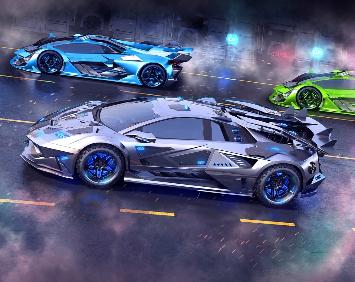 Vibrant neon supercars in blue, green, and silver, featuring sleek designs and intricate details, set against a dramatic, smoky background for a striking wall mural.