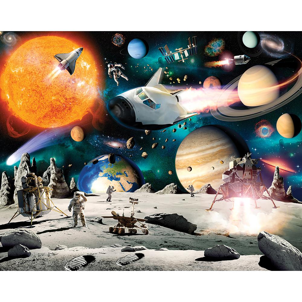 Vibrant wall mural featuring a space scene with a bright orange sun, planets, rockets, and astronauts on a moon surface, designed to create an adventurous atmosphere.