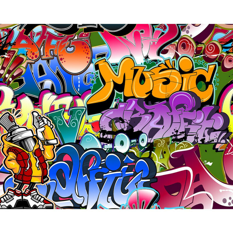 Vibrant wall mural featuring colorful graffiti art with the word "Music" in bold yellow, alongside various artistic designs and a cartoon character in a red jacket and spray can.