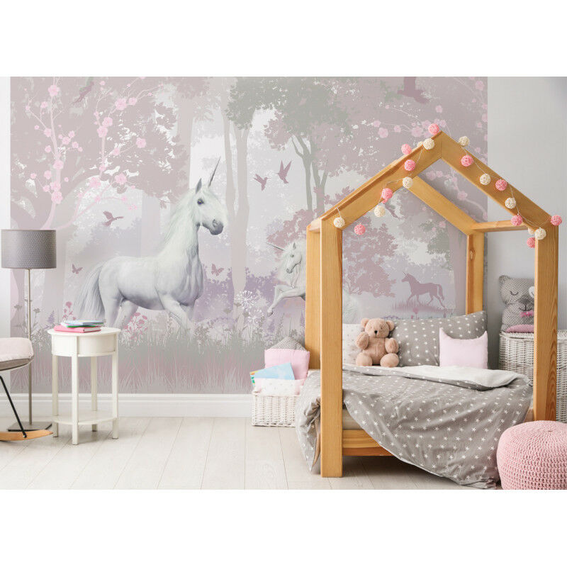 A whimsical unicorn forest wall mural featuring soft pastel colors, depicting a white unicorn among trees and birds, ideal for children's rooms, paired with a cozy wooden playhouse.