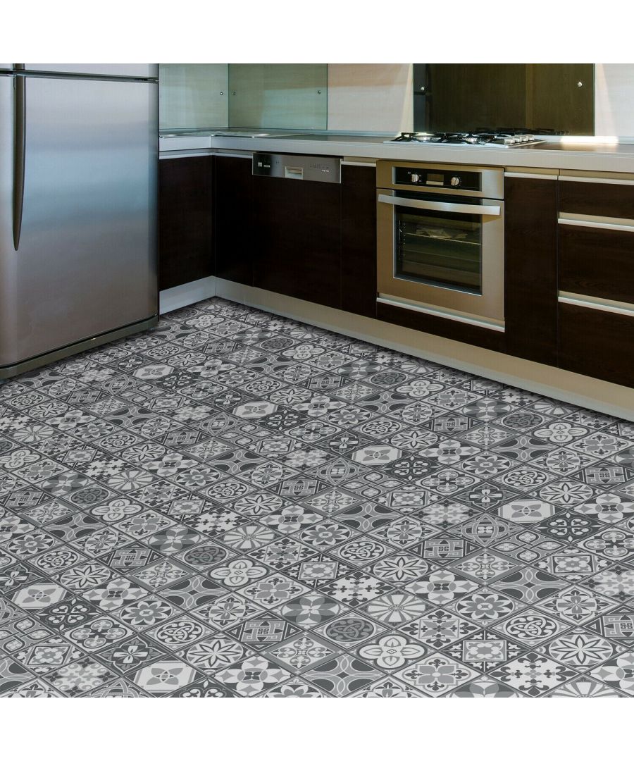 Self-adhesive grey floor stickers featuring intricate patterned designs, ideal for kitchens, bathrooms, or living rooms, measuring 120cm x 60cm.