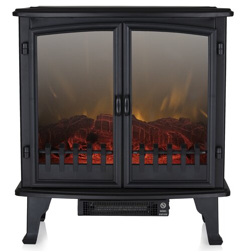 Black double-door stove with a panoramic glass front, featuring realistic flame effects and a sturdy base, designed for heating with a modern aesthetic.