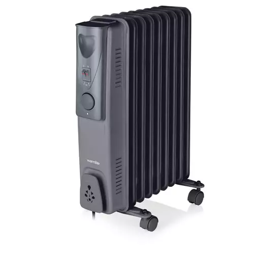 Dark titanium oil-filled radiator with a sleek design, featuring adjustable temperature settings, a power indicator, and rolling wheels for easy mobility.
