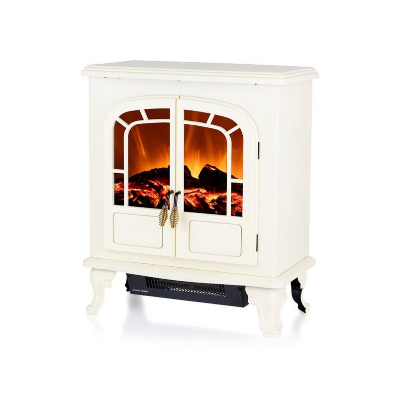 Warmies Wingham portable electric fire stove heater in grey features a two-door design, realistic LED flame effect, adjustable thermostat, and overheat protection, with elegant legs.