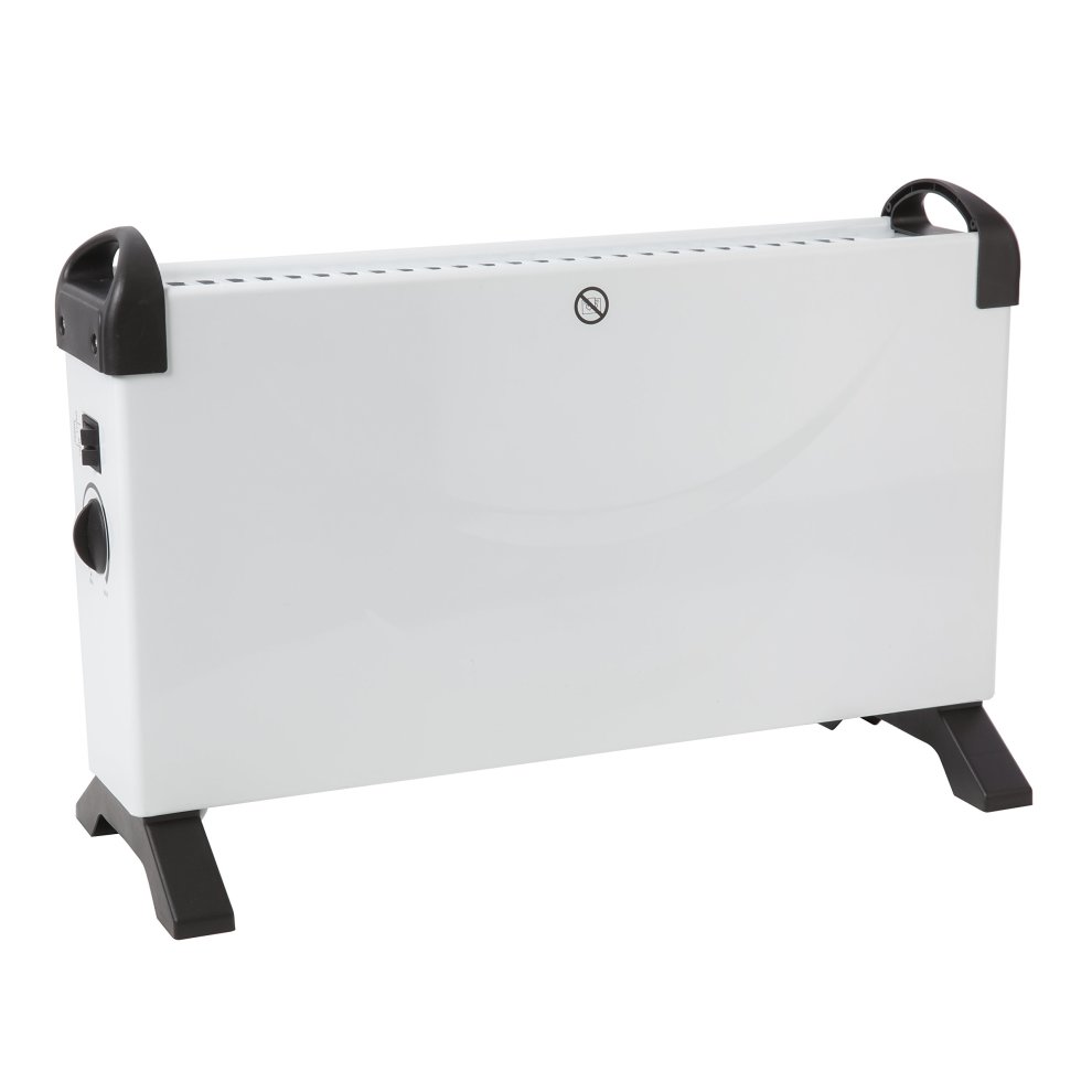 White portable convection heater with black accents, featuring three heat settings and a freestanding design, ideal for efficient heating in various spaces.