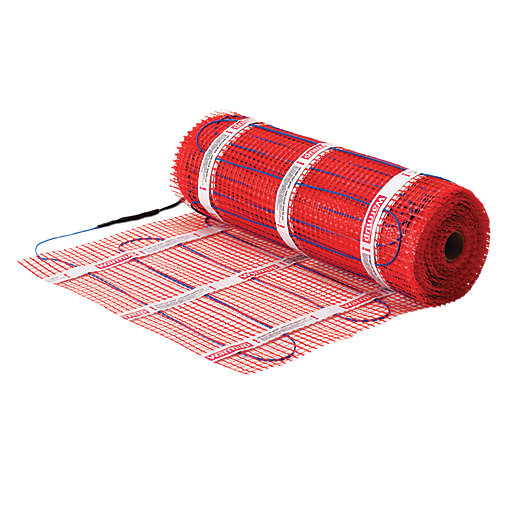 Red electric underfloor heating mat kit with a roll design, featuring sticky backing and marked grid lines, suitable for 200W/m² coverage over 3m² area.