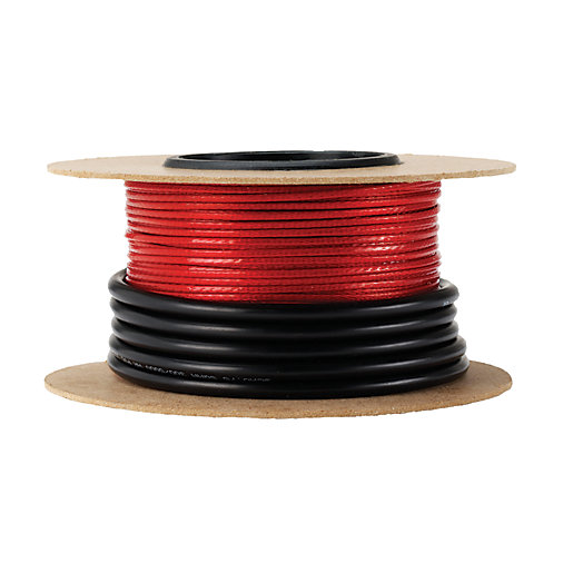 Red and black dual wire undertile heater on a cardboard spool, designed for warmth with a 400W power rating, featuring a durable, flexible material for easy installation.