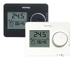 Warmup Elements Tempo thermostat in porcelain white, featuring a digital display showing temperature and time, with a circular dial for easy adjustments.