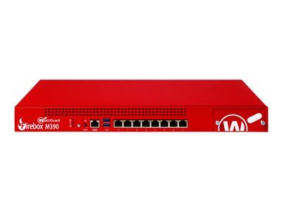 Red metal firewall appliance with "Firebox M390" branding, featuring multiple Ethernet ports, USB ports, and a sleek, compact design.
