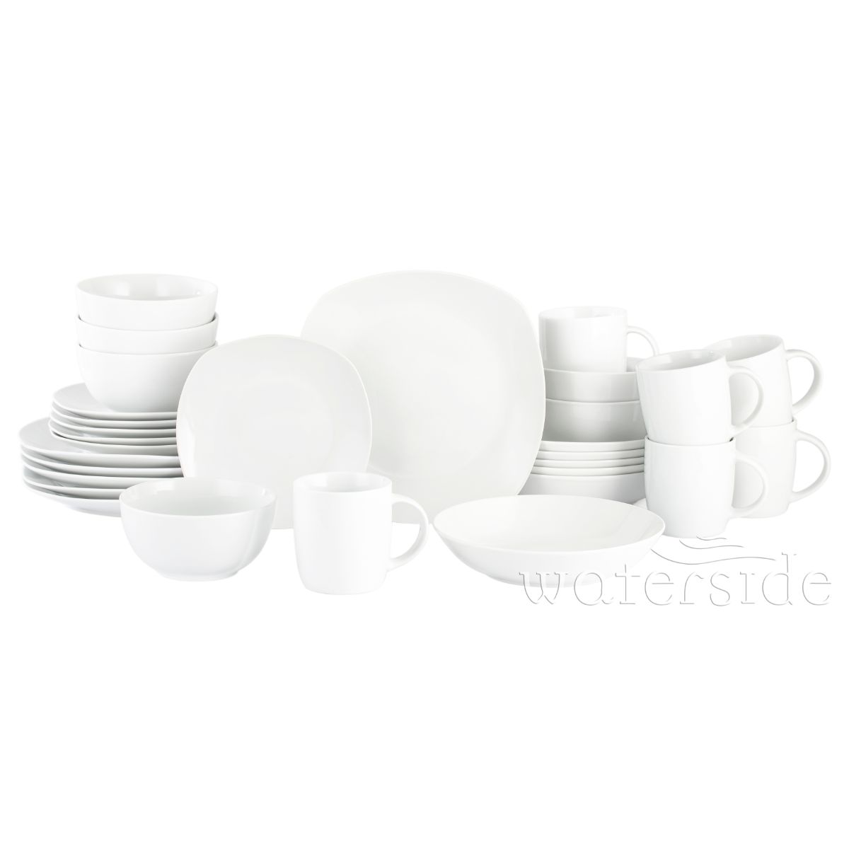 30-piece white dinner set featuring plates, bowls, and mugs, crafted from durable ceramic with a sleek, modern design, perfect for everyday use.