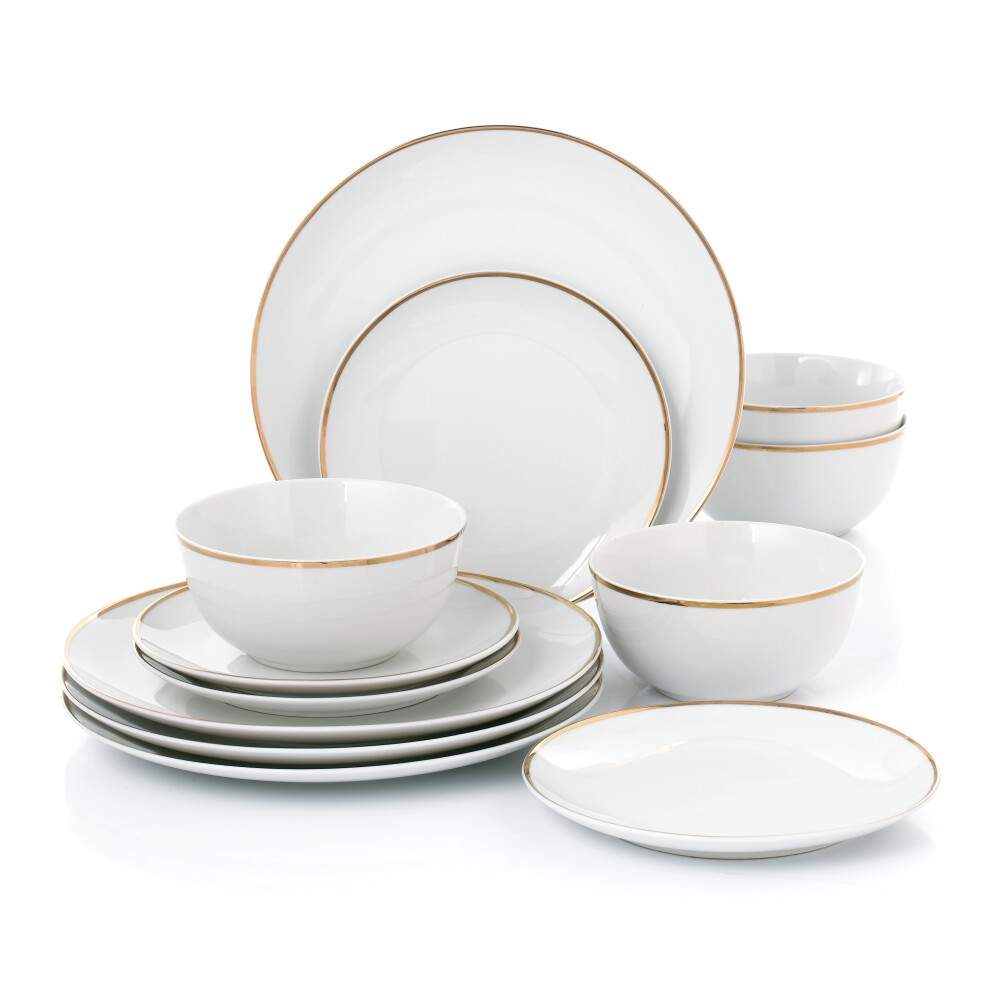 Elegant 12-piece dinner set featuring white porcelain plates and bowls, each adorned with a delicate gold line around the rim for a sophisticated touch.