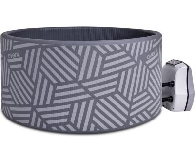 Round, gray inflatable outdoor spa with a geometric patterned exterior and a control panel on the side, made from durable drop-stitch material.