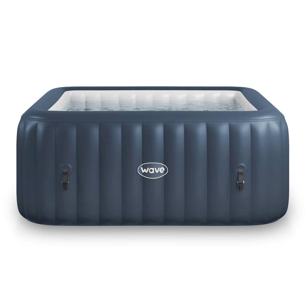 Navy inflatable hot tub for four people featuring an integrated heater, with a ribbed exterior and a white interior, designed for relaxation and easy setup.