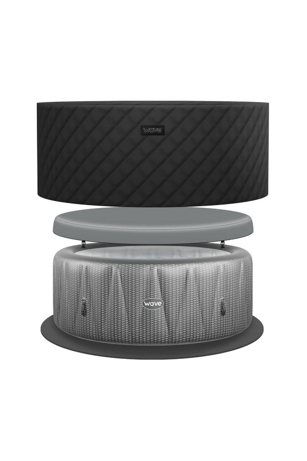 Black quilted exterior hot tub with a gray insulated cover, designed for six people, featuring a textured finish and the Wave Spas logo prominently displayed.