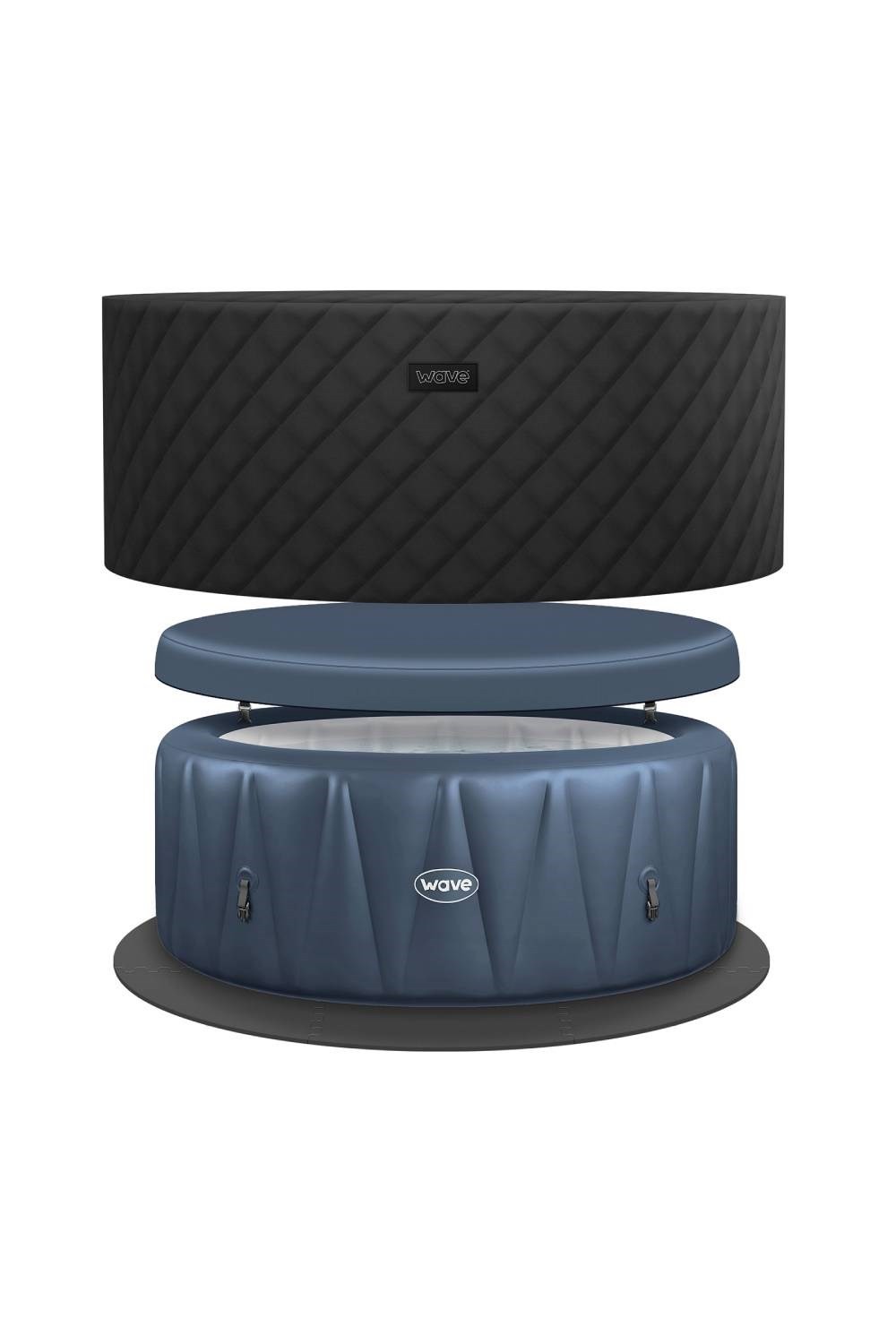 Atlantic 6-person hot tub bundle featuring a sleek black exterior with a diamond pattern, a soft blue interior, and a matching hard cover for energy efficiency.