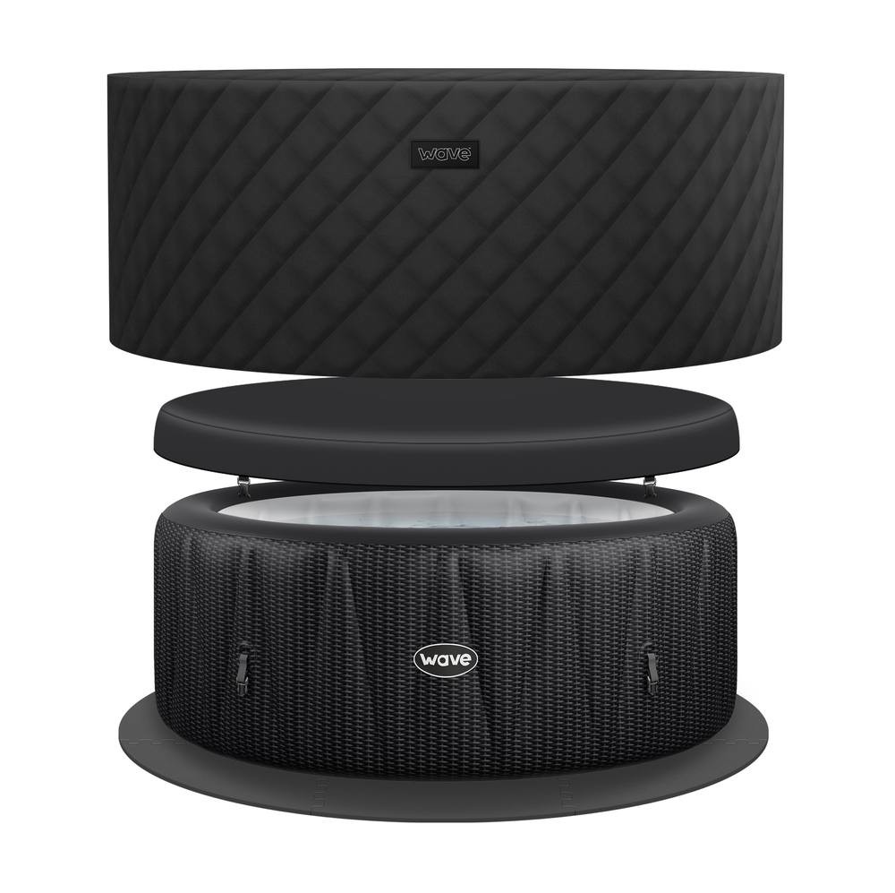 Black, energy-efficient hot tub bundle for 6 people, featuring a quilted exterior, a removable cover, and a circular design with a woven texture.