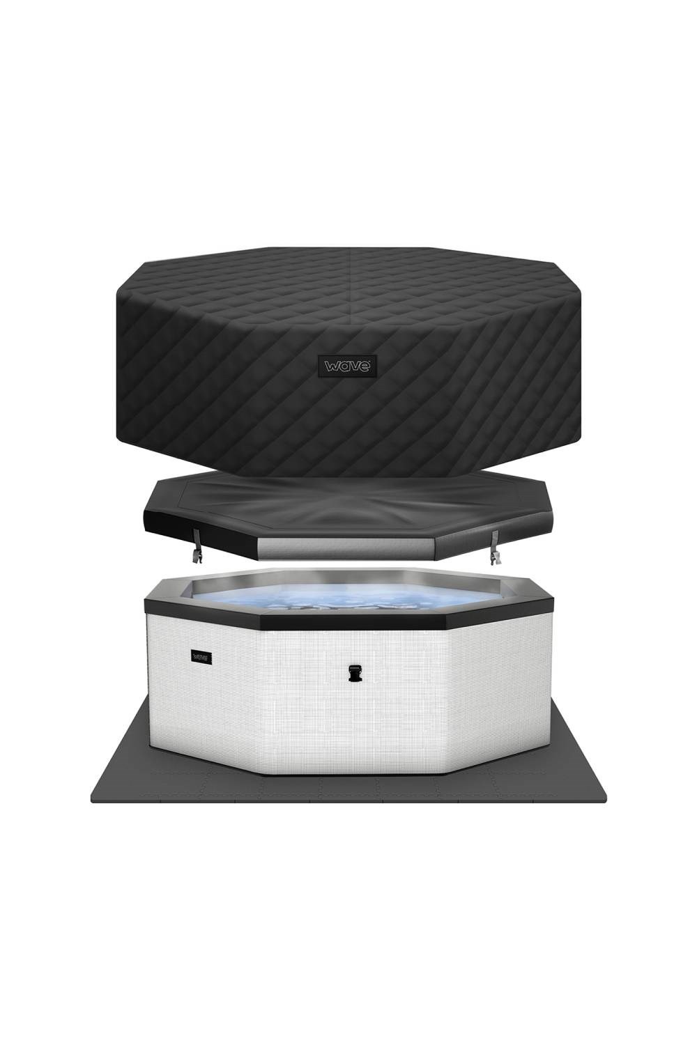 Hexagonal hot tub with a white exterior and black cover, featuring a textured design; includes a protective base mat for stability and insulation.