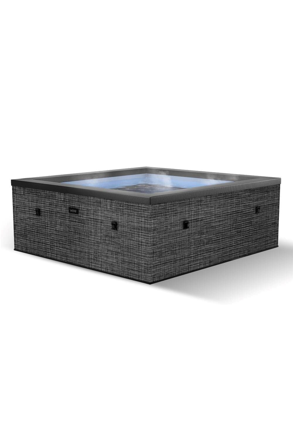 Square eco foam hot tub for six people, featuring a textured dark gray exterior, a clear water surface, and a sleek black rim, designed for relaxation and outdoor use.