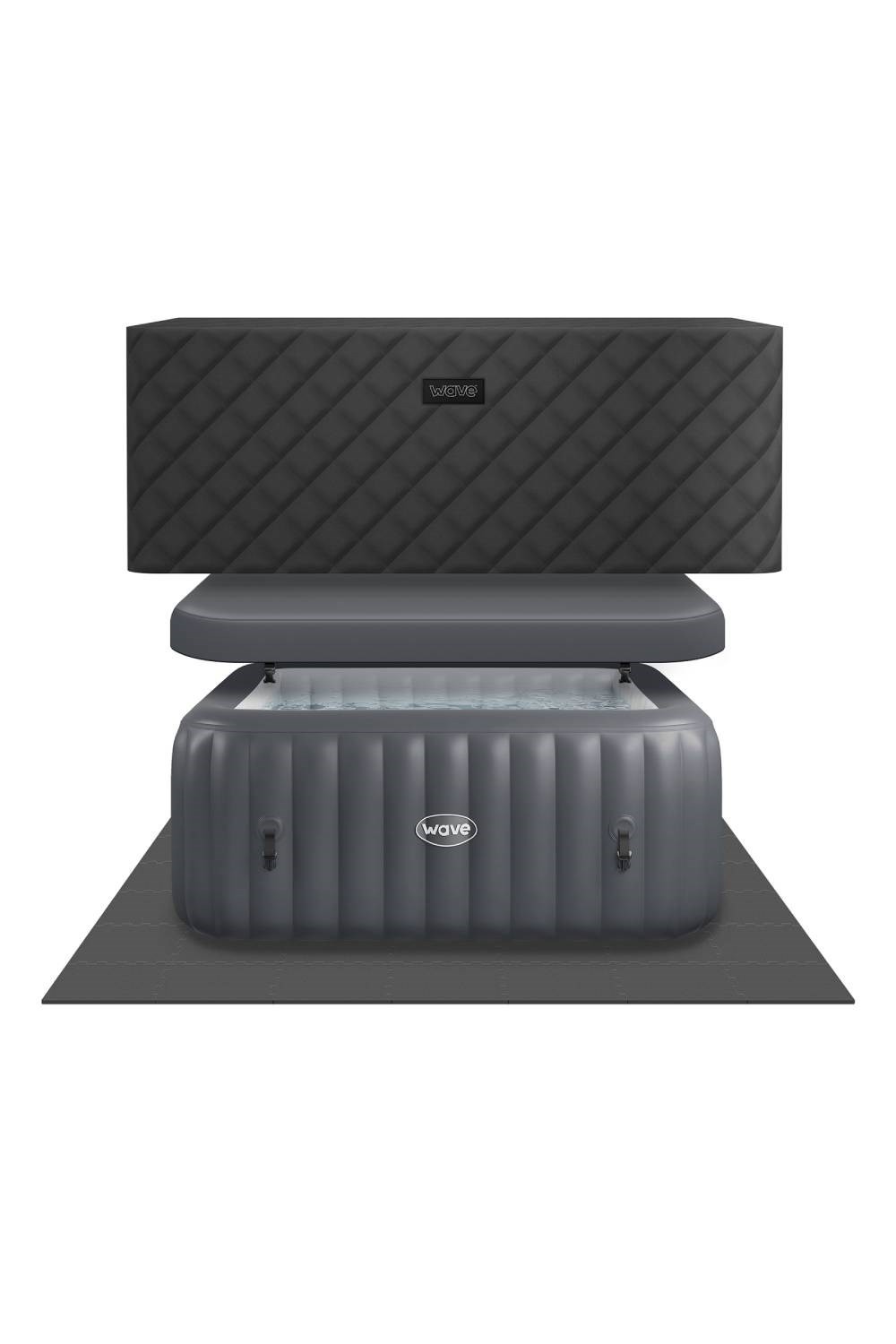 Black quilted exterior hot tub with a gray inflatable top, featuring a clear water surface and Wave Spas branding, set on a dark gray mat.