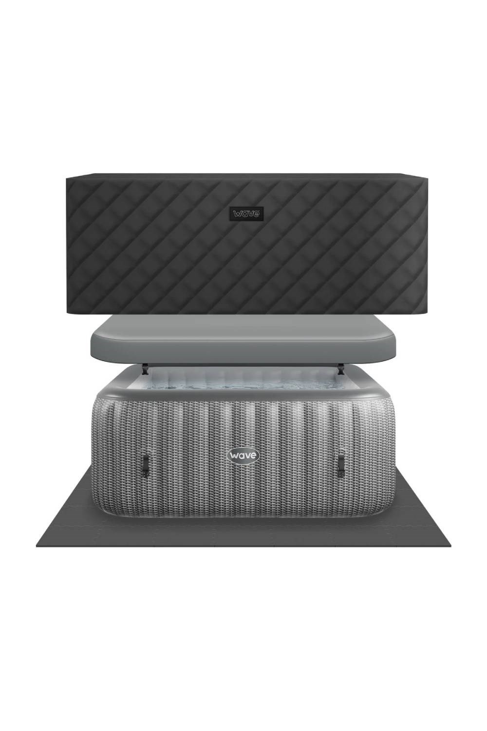 Black quilted cover atop a gray inflatable hot tub with a textured finish, featuring the Wave Spas logo, set on a dark mat, designed for six people with energy-saving features.