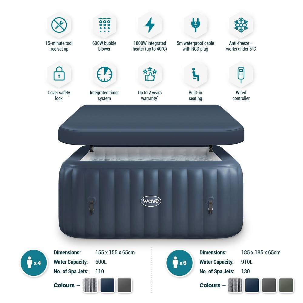 Wave Spas Pacific Navy 4 Person Square Inflatable Hot Tub with EnergySave Bundle - image 4