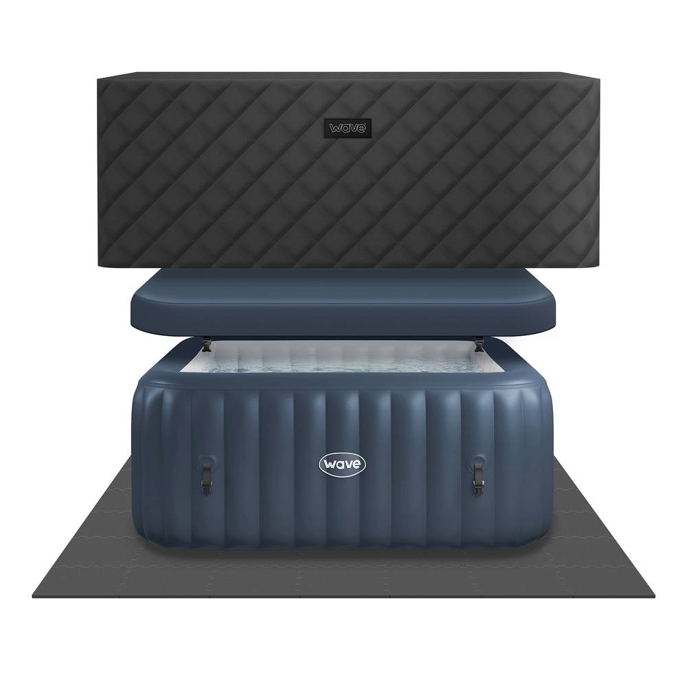 Navy energy-efficient hot tub bundle for four, featuring a textured black cover, inflatable walls, and a cushioned top, designed for relaxation and comfort.