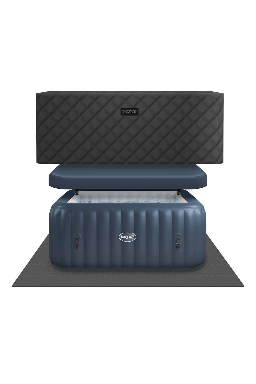 A dark blue inflatable hot tub with a quilted black cover, designed for six people, sits on a gray mat, featuring a Wave Spas logo on the front.