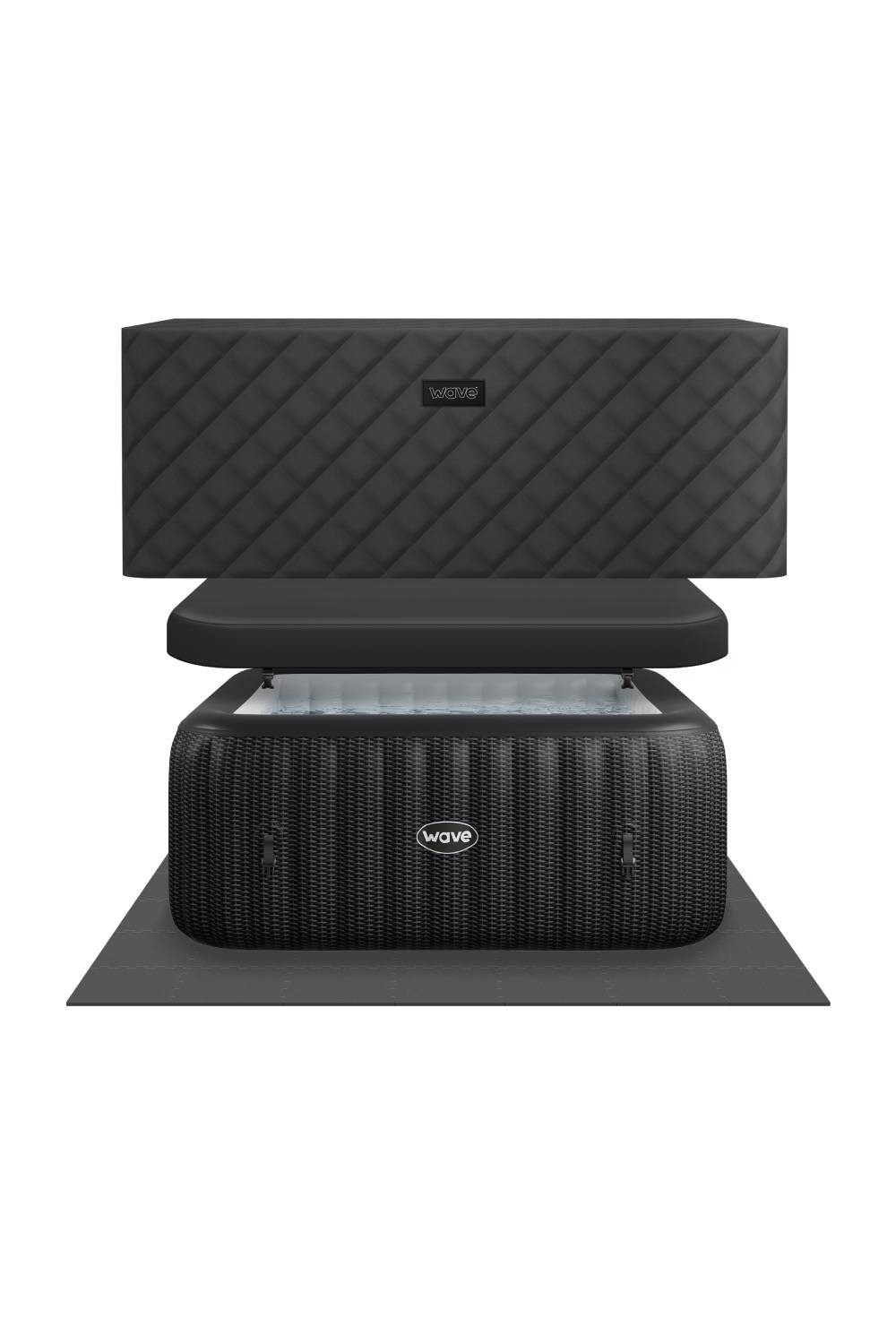 Black inflatable hot tub with a quilted exterior and a soft, cushioned top, designed for six people, featuring a sleek, modern look and energy-efficient technology.