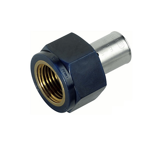 Wavin K1 female thread connector featuring a black hexagonal plastic body and a silver metal end, measuring 25mm x 3/4, ideal for plumbing applications.