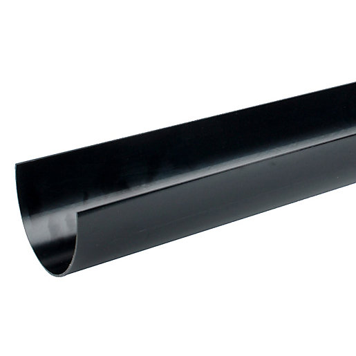 Wavin Osma DeepLine Gutter in sleek black, measuring 113mm, made from durable plastic with a smooth finish and a curved design for efficient water drainage.