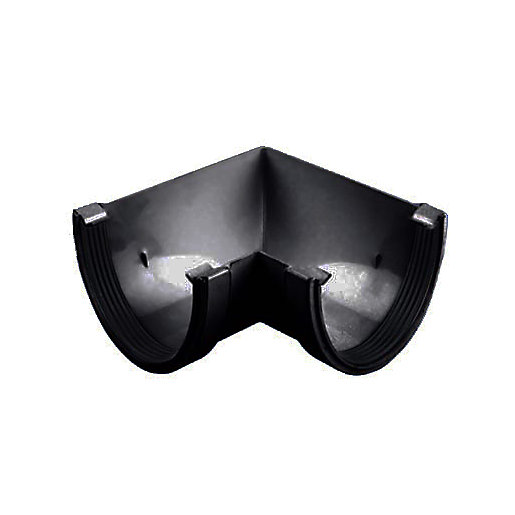 Black plastic 90-degree bend gutter fitting with a smooth finish, designed for seamless connection in drainage systems, measuring 170 x 90 x 115mm.