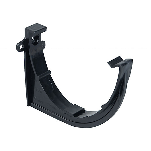 Black plastic gutter support bracket designed for 113mm gutters, featuring a curved shape and mounting holes for secure installation.