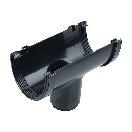 Wavin Osma DeepLine Running Outlet in black, made of durable plastic, featuring a T-shaped design with a 236 x 125 x 162mm dimension and ribbed edges for secure fitting.