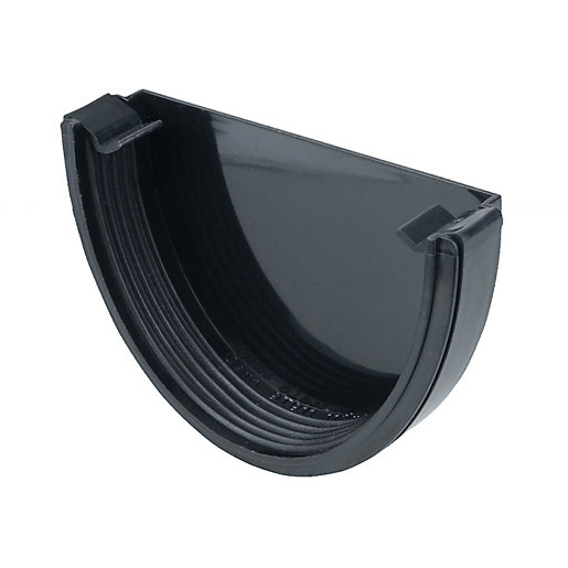 Black Wavin Osma DeepLine External Stopend, 113mm, featuring a curved design with ribbed interior for secure fitting, made from durable plastic for outdoor use.