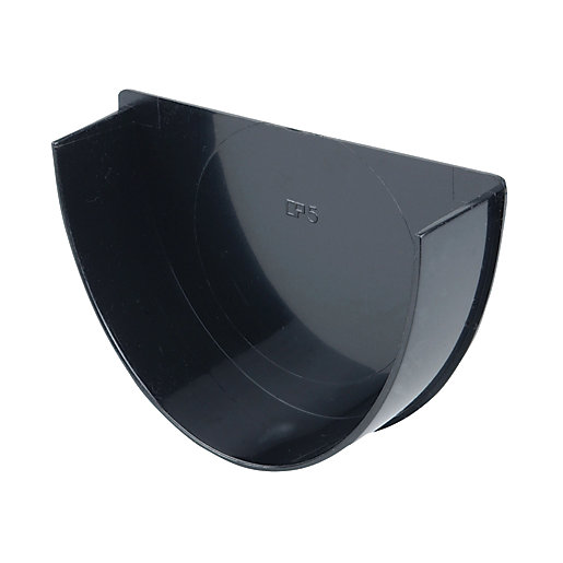 Black 113mm deep internal stopend made of durable plastic, featuring a curved design with a smooth finish, ideal for drainage systems.