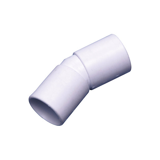 White Osma Overflow Solvent Bend with a 25-degree angle, made of durable plastic, featuring a 21.50mm diameter for plumbing applications.