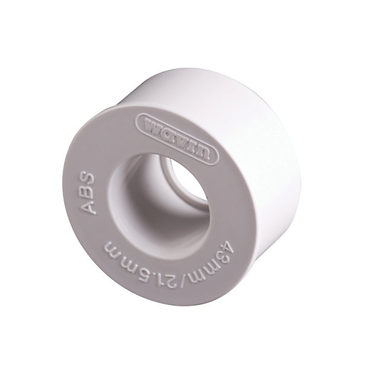 White ABS overflow reducer with a 40mm outer diameter and a 21.5mm inner diameter, featuring smooth edges and a circular design.