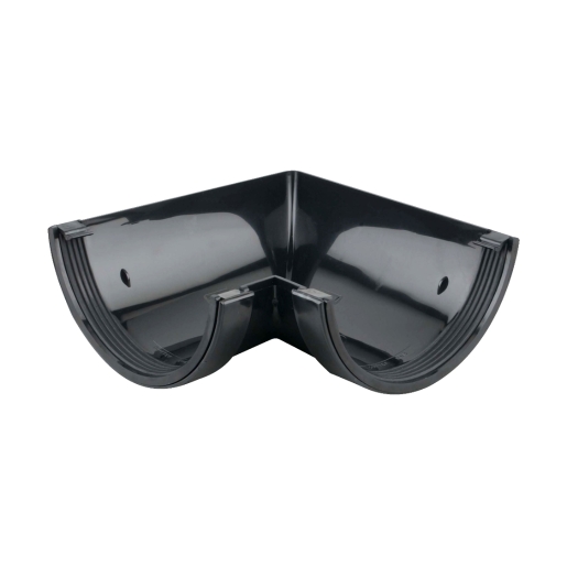 Black 90° gutter angle made of durable plastic, featuring smooth curves and two connecting ends for seamless integration into roofing systems.