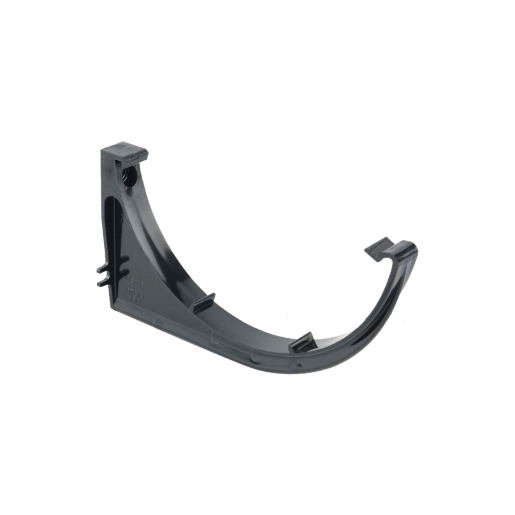 Black plastic gutter support bracket designed for 150mm gutters, featuring a curved shape and mounting clips for secure installation.