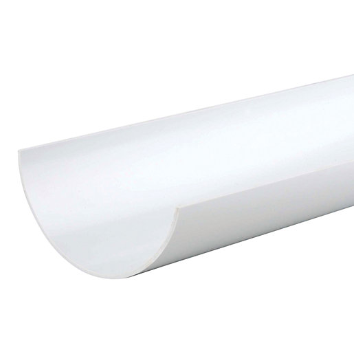 White roundline gutter measuring 4m in length and 112mm in diameter, made from durable plastic with a smooth finish, designed for effective rainwater drainage.