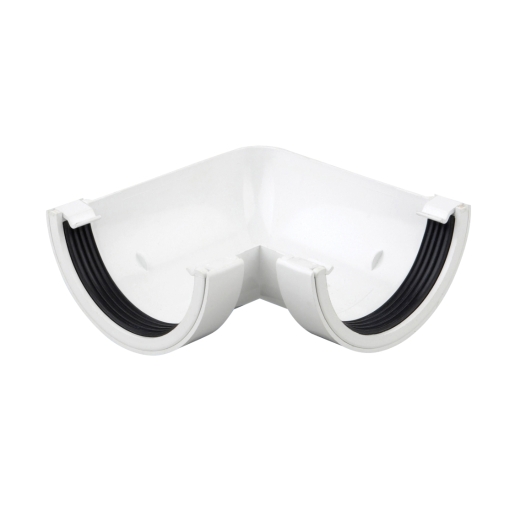 White plastic roundline angle connector with a 90-degree bend, featuring a 112mm diameter and rubber seals for a secure fit.