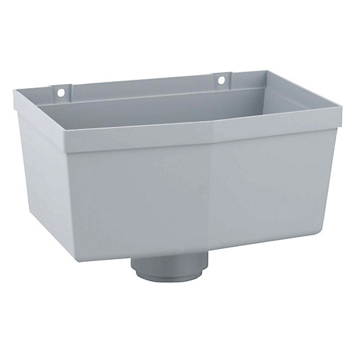 Grey roundline hopper head with a 68mm diameter, made of durable plastic, featuring a rectangular shape and mounting holes for installation.