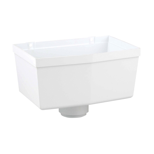 White Osma Roundline hopper head with a 68mm diameter, featuring a rectangular design and a bottom outlet for drainage, made from durable plastic material.