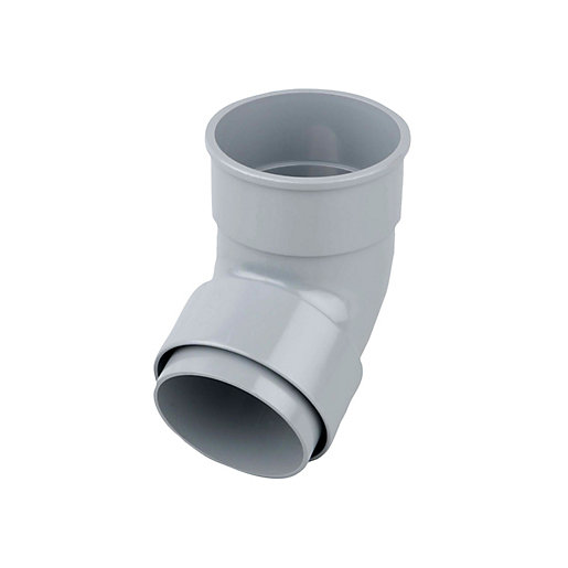 Grey plastic round offset bend pipe fitting with a 67.5-degree angle and 68mm diameter, designed for drainage systems.